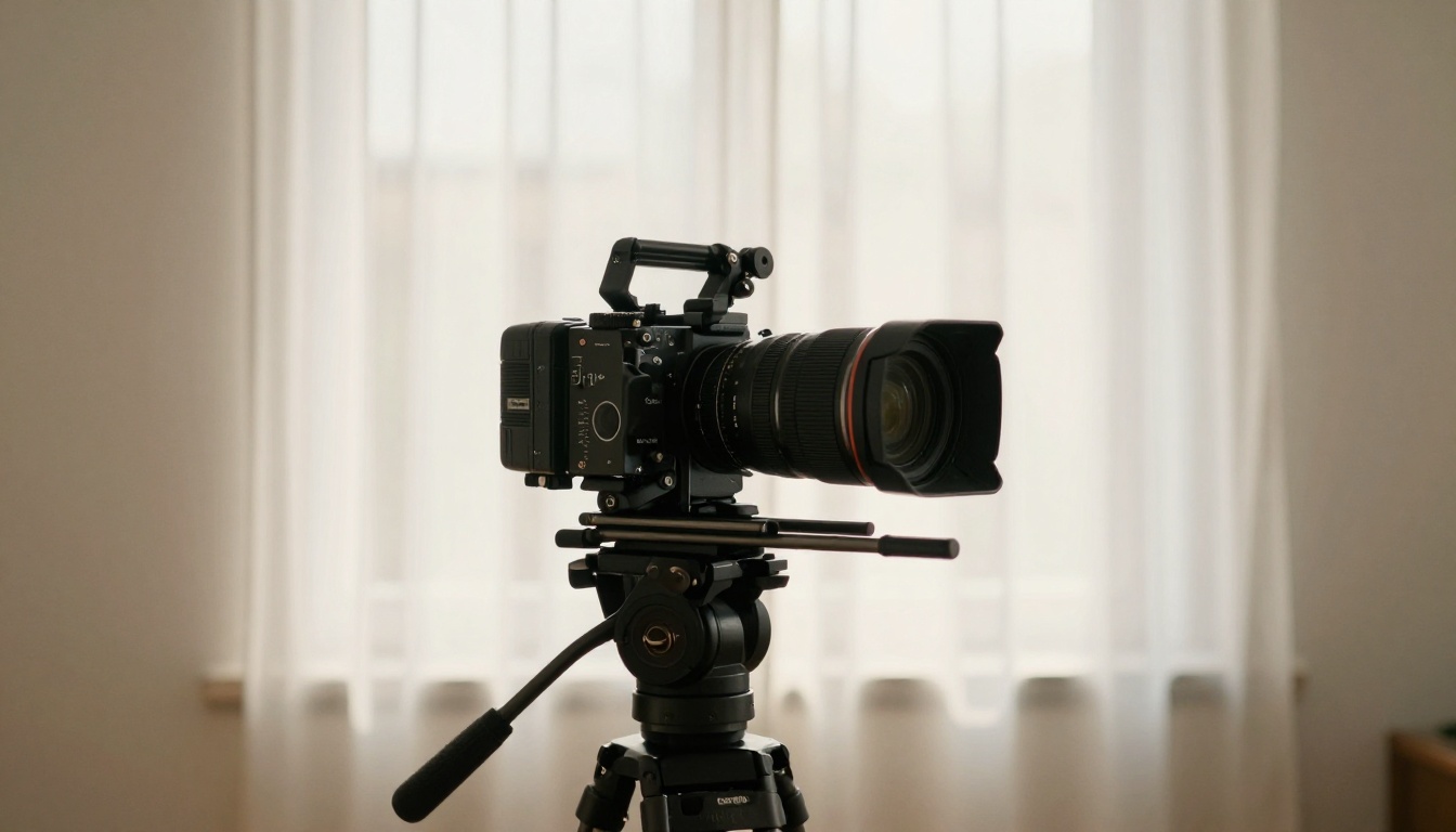 Professional cinema camera in a naturally lit studio space
