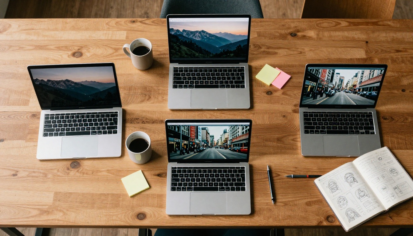 Overhead view of multiple AI video interfaces on laptops