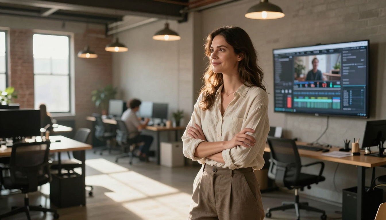 Woman reviewing AI video output on wall-mounted monitor