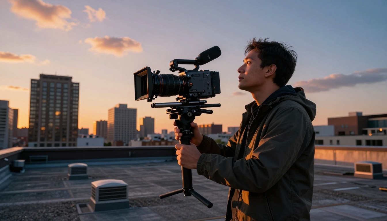 Professional filmmaker with cinema camera at golden hour