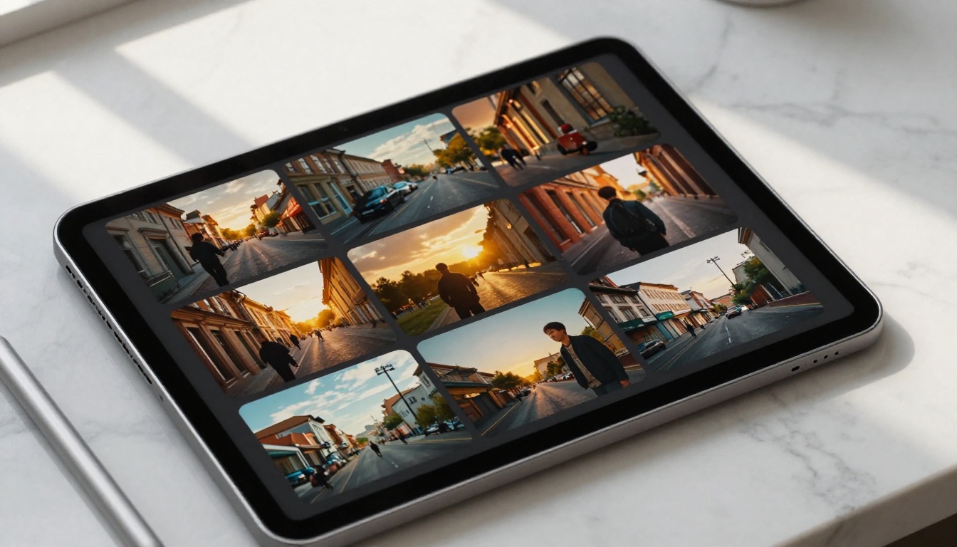 Tablet displaying a grid of video thumbnails on a marble surface