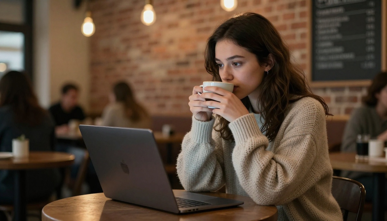 Young woman working on a laptop at a coffee shop