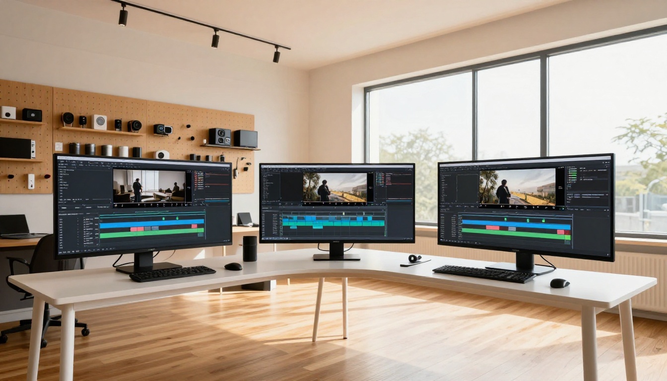 Wide-angle view of a modern creative video production studio