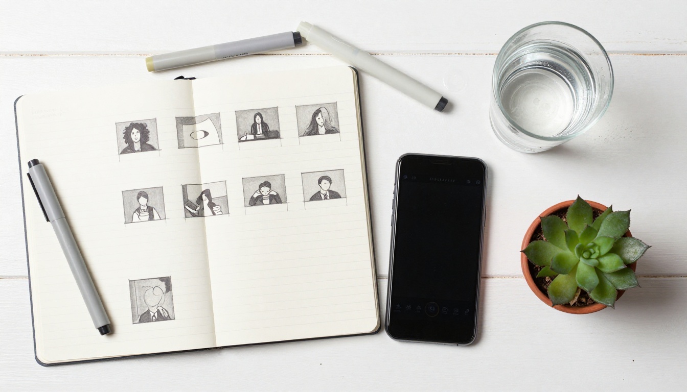 Flat-lay storyboard and creative planning workspace