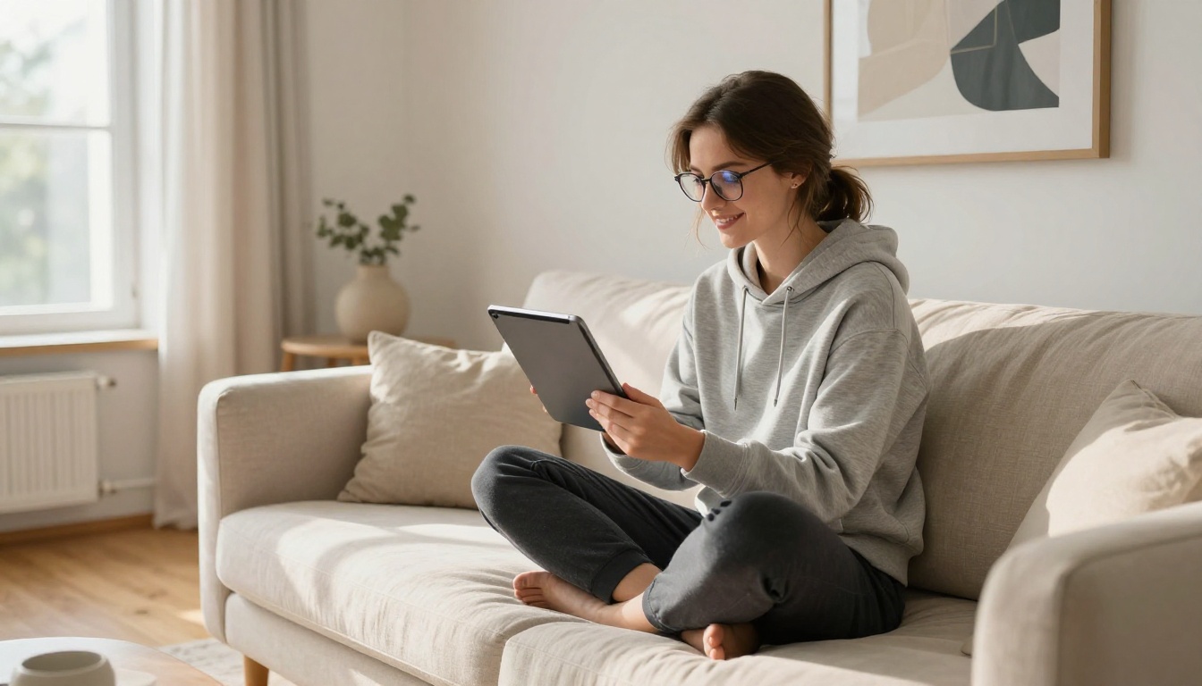 Woman watching AI-generated video on tablet in living room