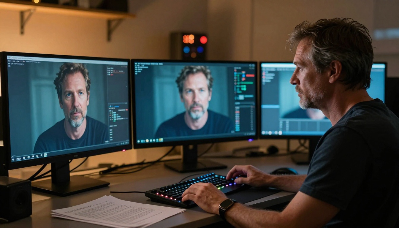 A professional film director reviewing AI-generated footage across multiple monitors in a cinematic post-production suite