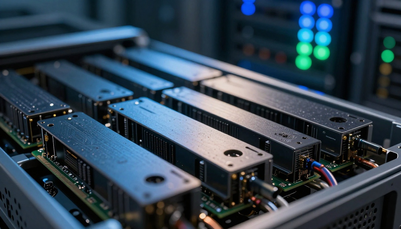 Extreme close-up of GPU server hardware with circuit traces and cooling fins under directional blue-white lighting in a modern data center