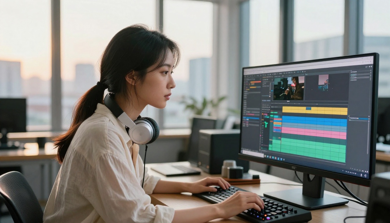 A young Asian woman working at a professional color-grading workstation bathed in warm golden morning light streaming through large studio windows