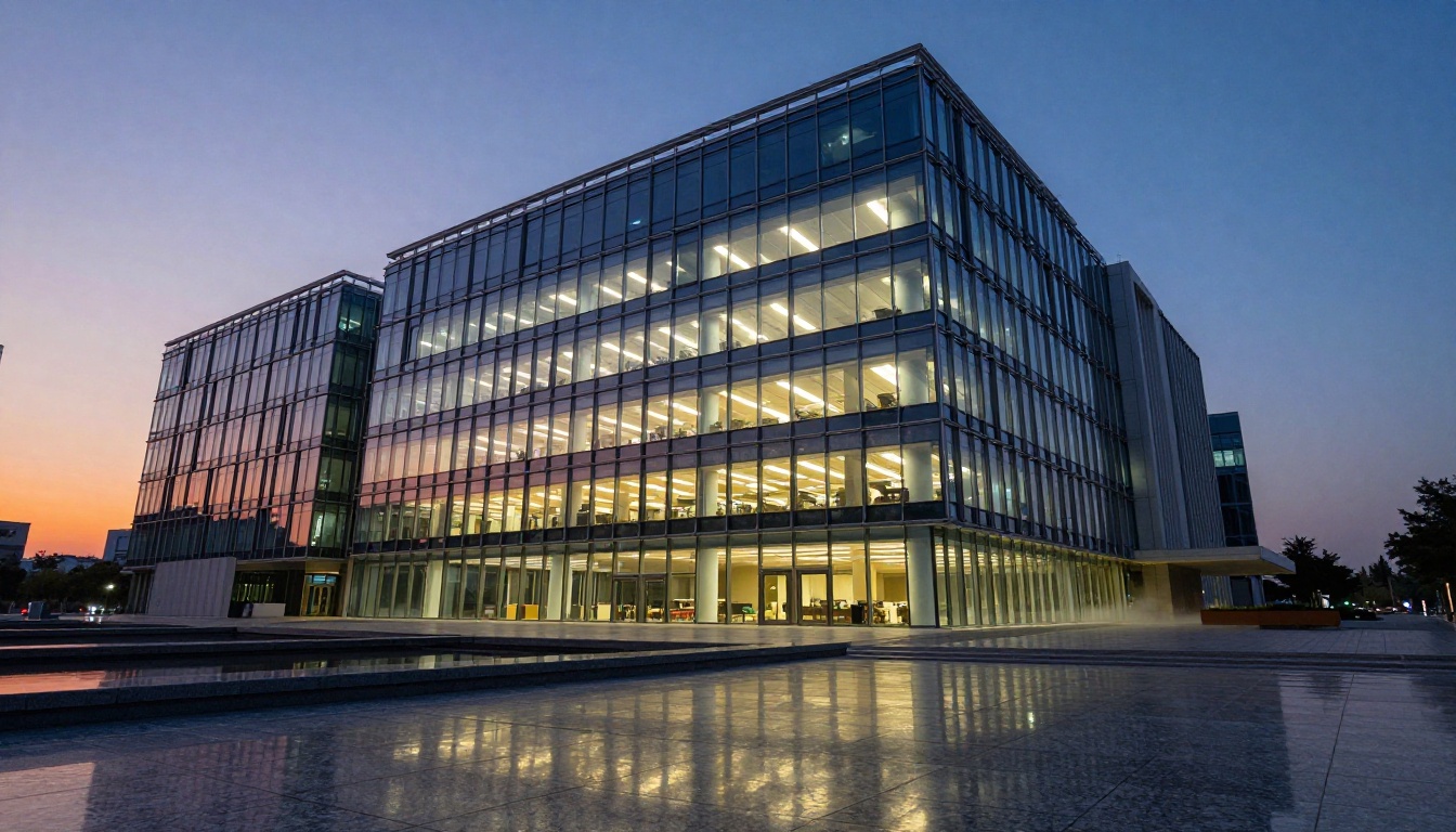 A modern technology campus building at dusk with illuminated glass facades reflecting the blue hour sky in polished granite plaza pools