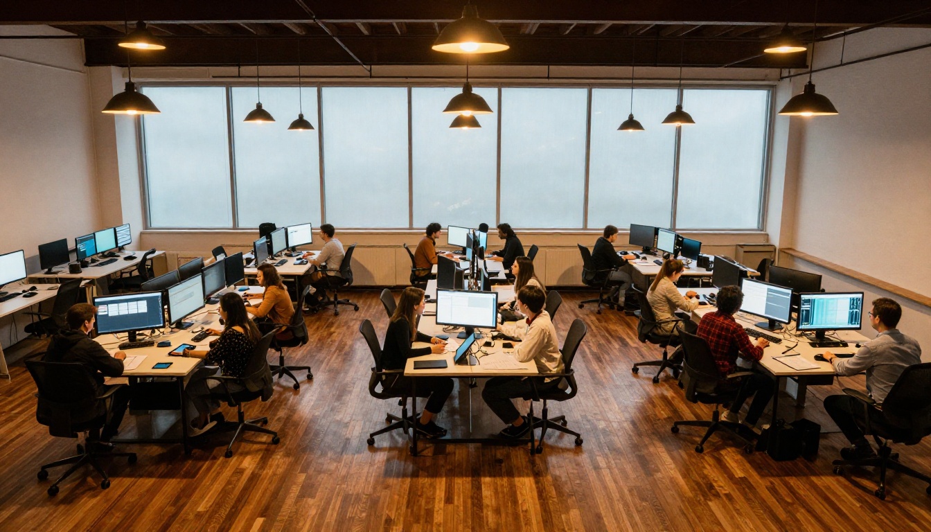 Aerial overhead view of a large creative media workspace with curved workstation rows illuminated by warm pendant lighting and skylights above