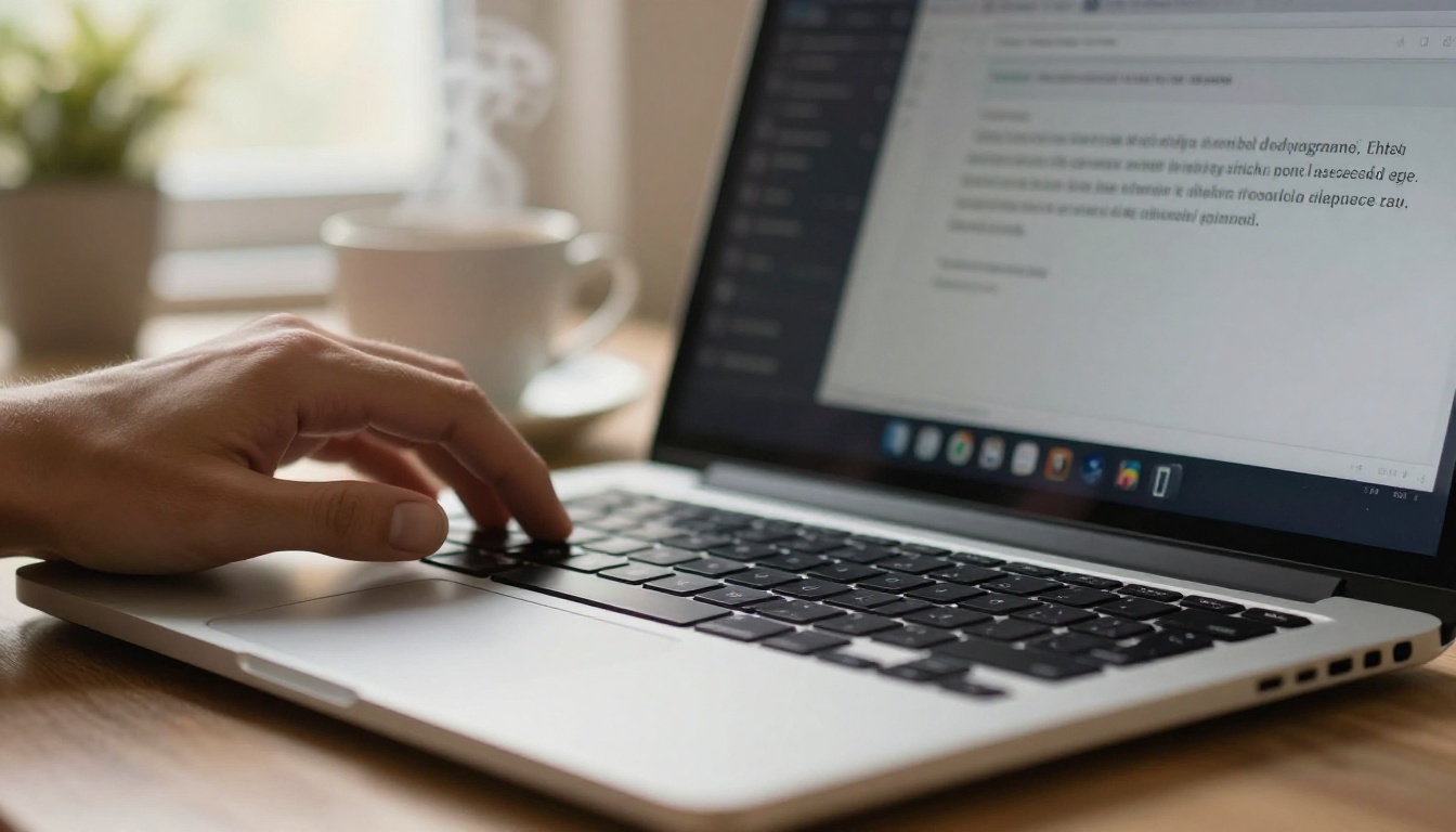 Two hands typing a detailed text prompt on a laptop keyboard in warm morning light, screen showing a dark creative UI interface