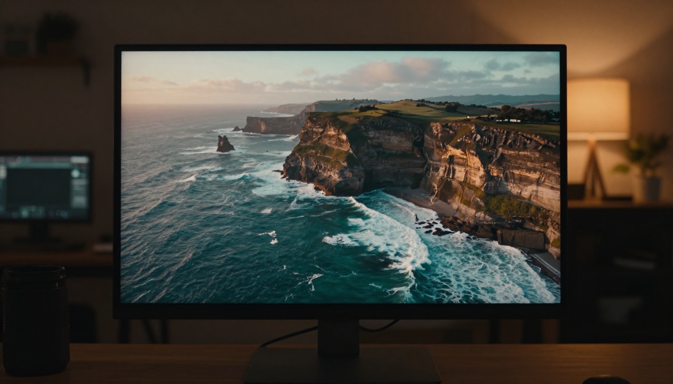 A professional reference monitor displaying a sweeping coastal cliffs scene at golden hour with cinematic color grading in a dark editing suite