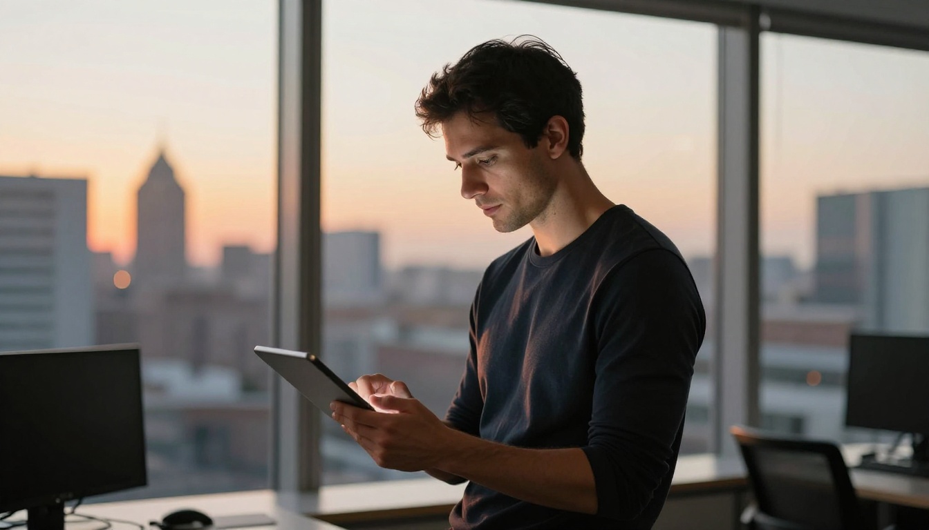 A man reviewing AI video output on a tablet in a modern tech office, warm city sunset light creating a rim light on his shoulder and jawline