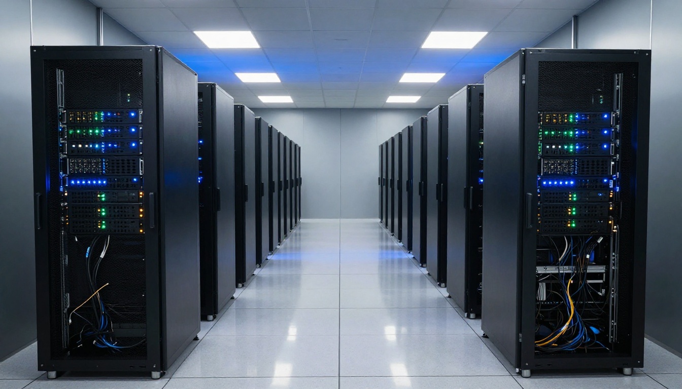 Wide shot of a modern server room with rows of black rack servers under cool blue-white lighting with polished epoxy floor reflections