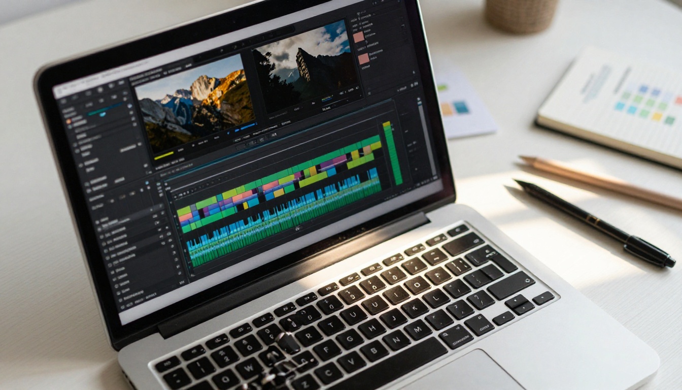 AI video editing on a laptop workstation AI video editing on a laptop workstation