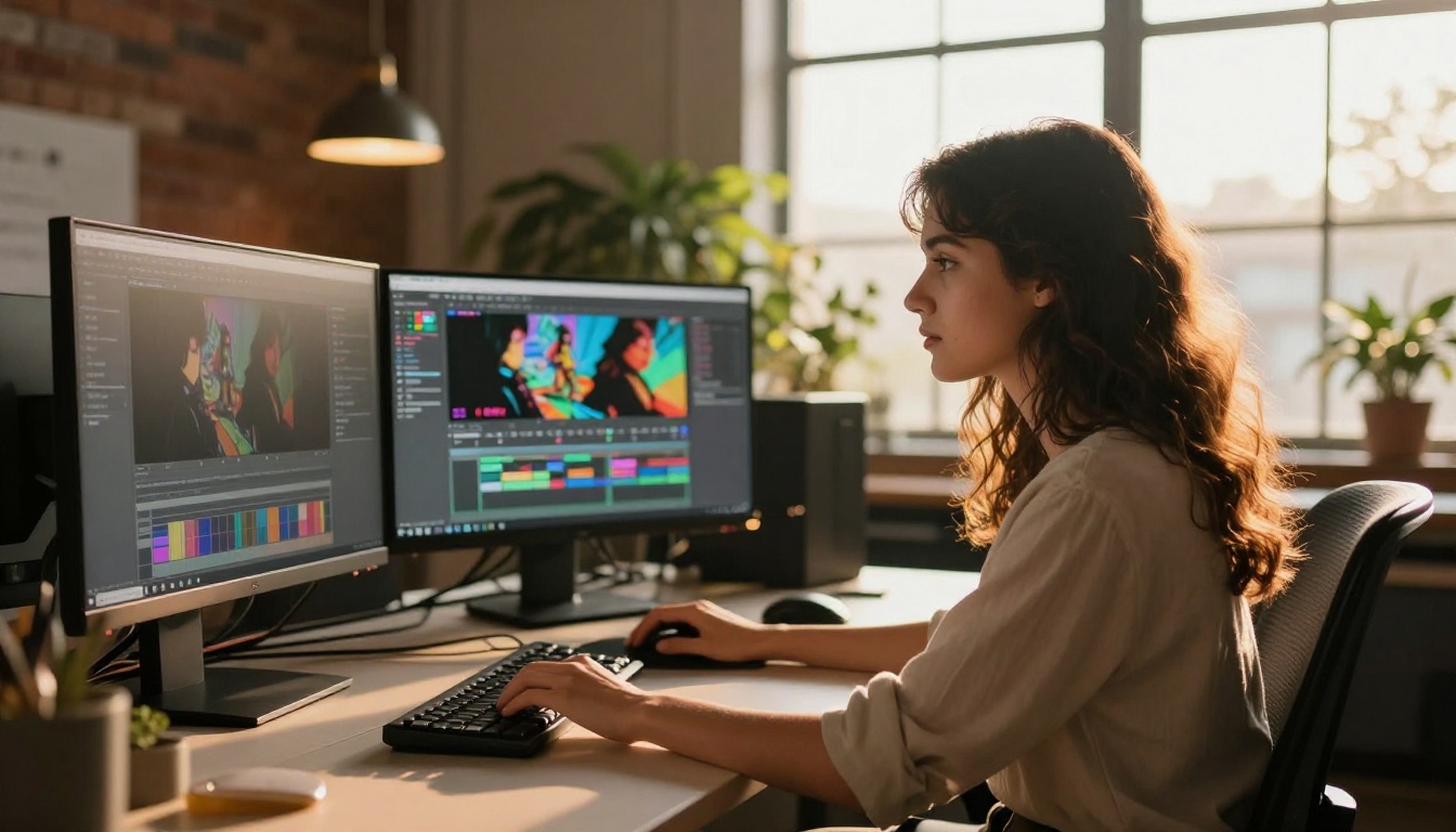 Creative professional working at AI video studio workstation Creative professional working at AI video studio workstation