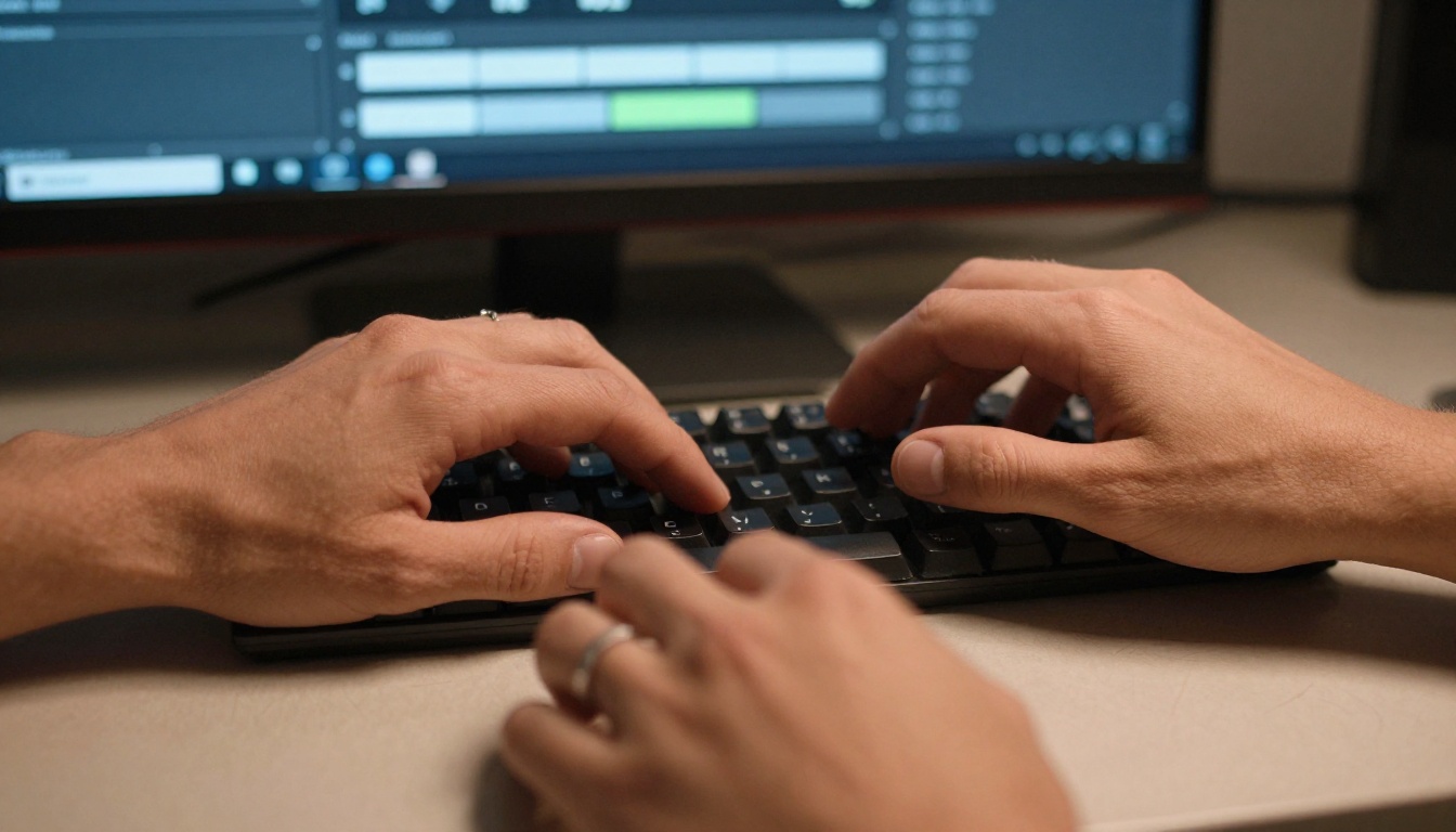 Hands generating AI video content on a keyboard Hands generating AI video content on a keyboard
