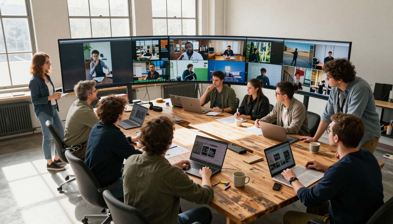 Creative team reviewing AI-generated video content