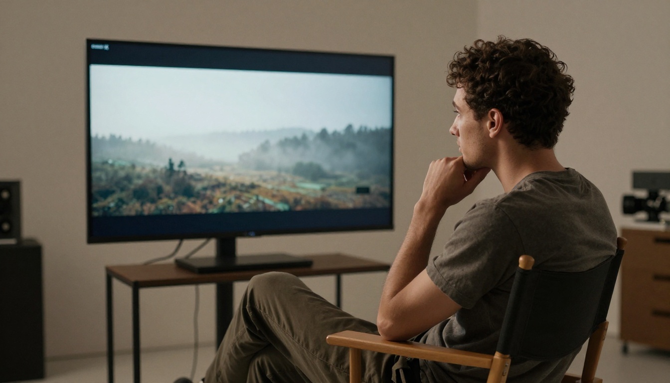 Filmmaker studying cinematic AI video output on large monitor
