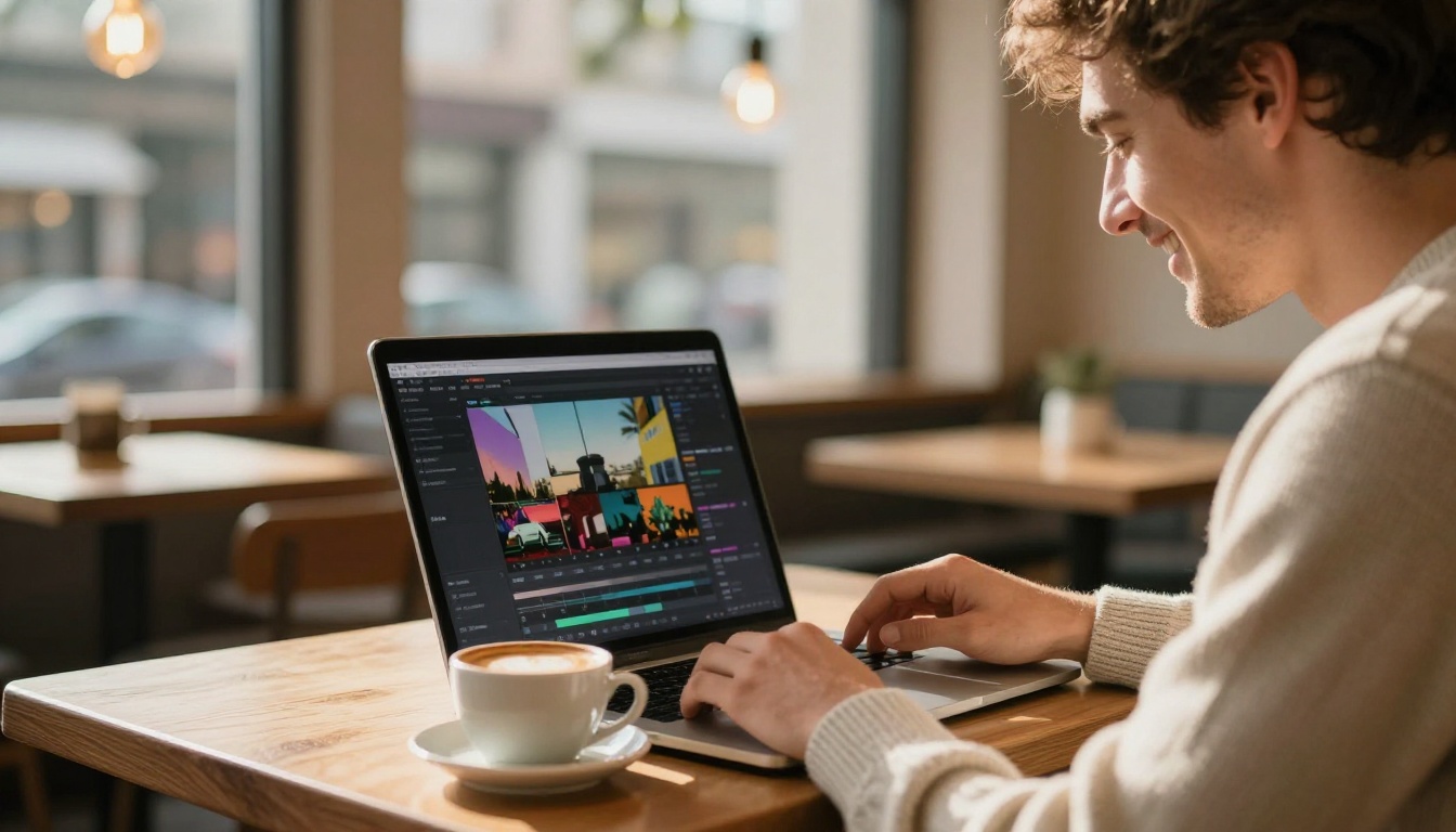 Creator reviewing AI video results at coffee shop