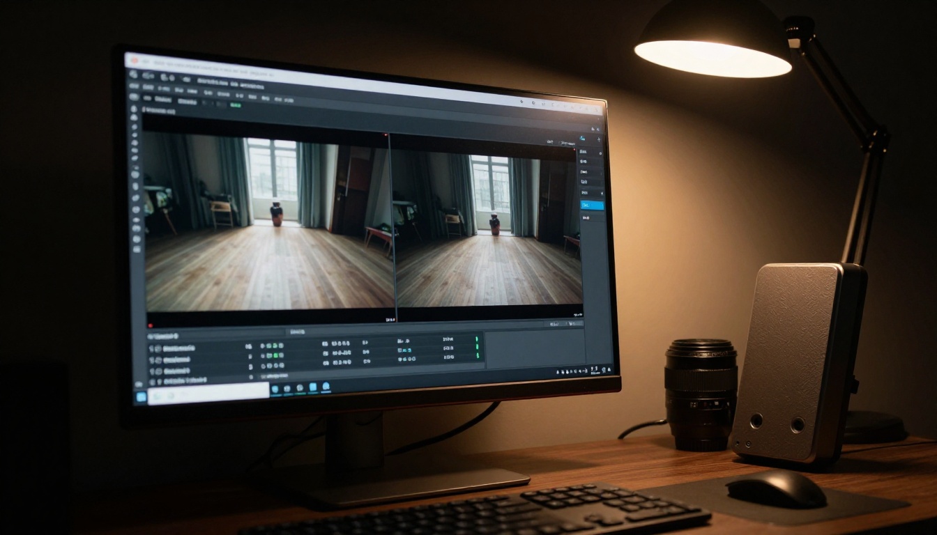 Professional monitor showing video comparison interface Professional monitor showing video comparison interface