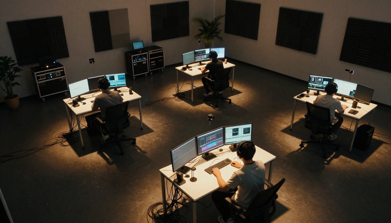 Professional video production studio aerial overview