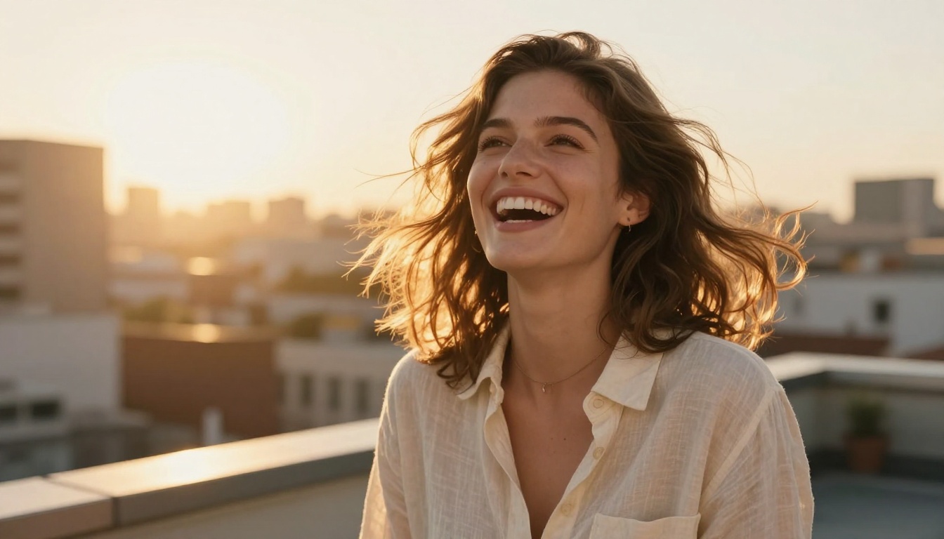 Young woman on a sunny rooftop terrace laughing naturally in golden hour light with city skyline