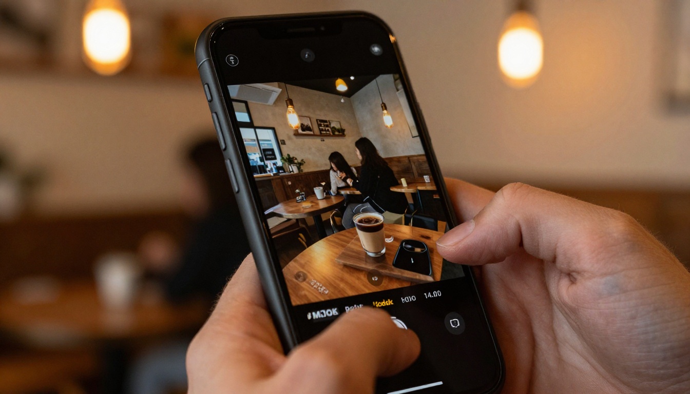 Man holding smartphone in a coffee shop watching AI-generated video on screen