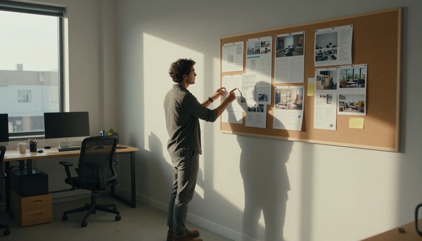Creative director reviewing video storyboards pinned to a cork board in a sunlit office