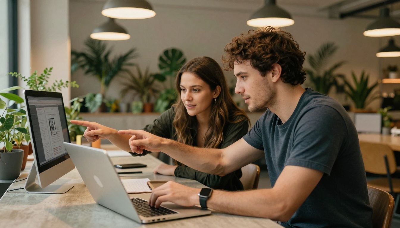 Two professionals collaborating over a laptop in a modern co-working space with warm light