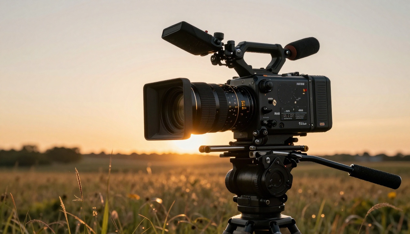 Outdoor professional cinema camera on a tripod facing a natural landscape at golden hour