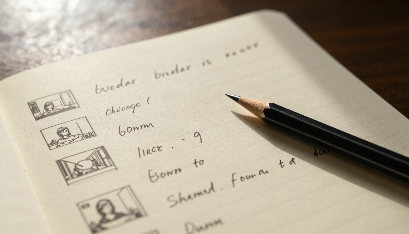 Notebook page with handwritten video script notes and shot composition sketches