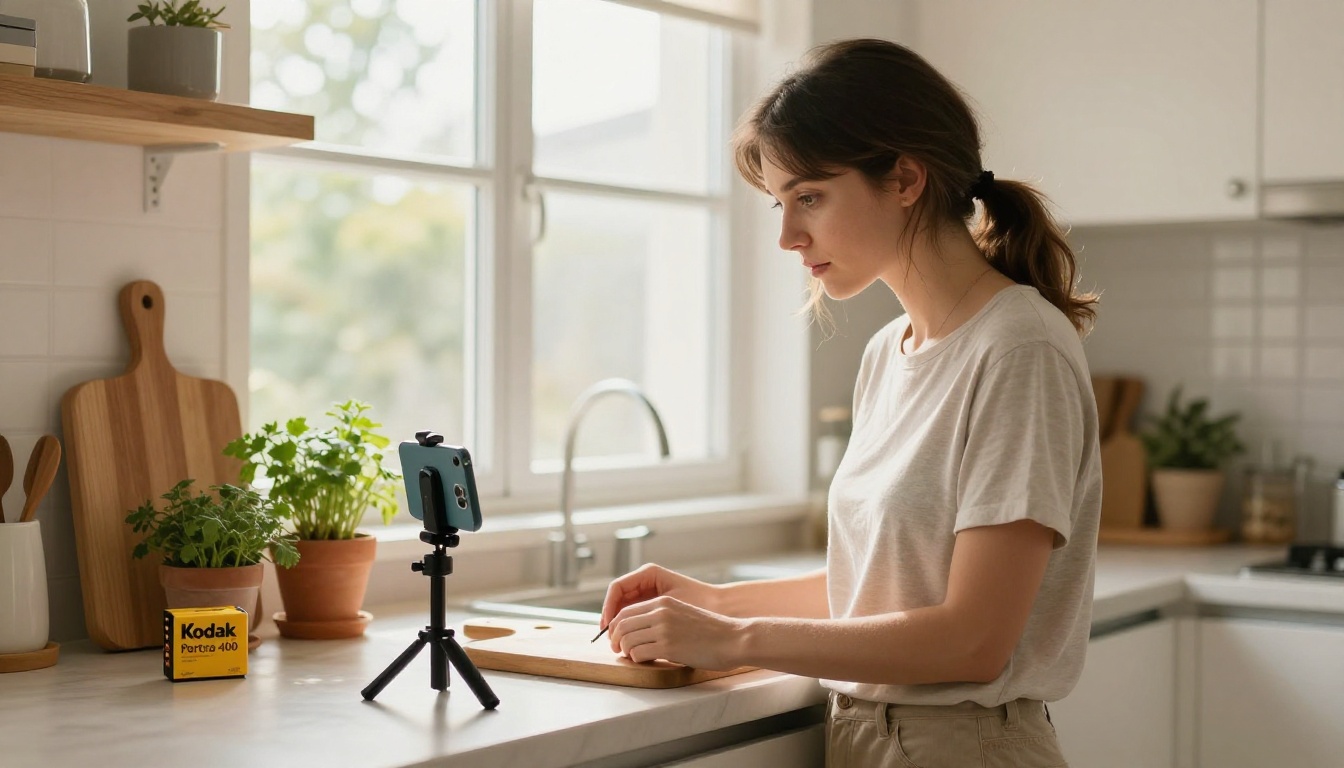 Woman filming a short video with a smartphone on a small tripod in a bright modern kitchen