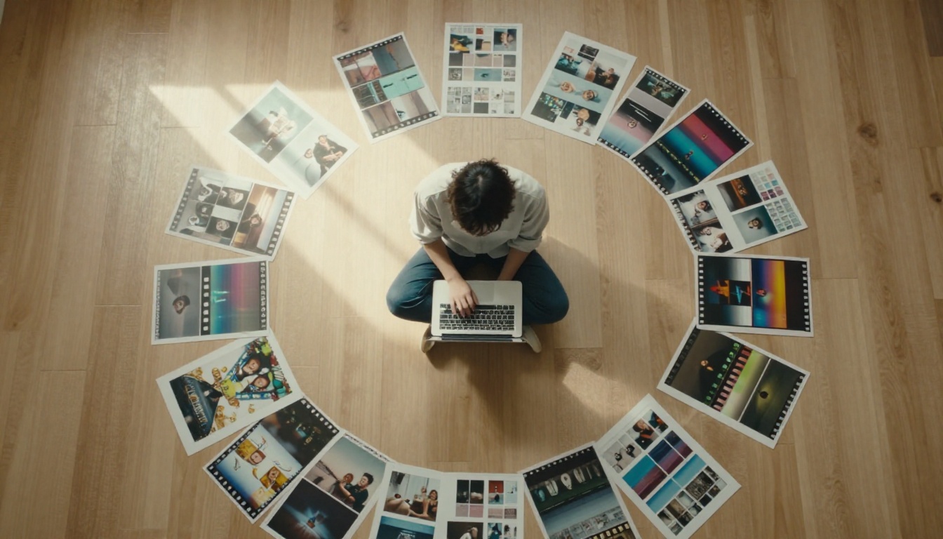 Aerial overhead view of a person surrounded by film stills and color reference cards on a wooden floor