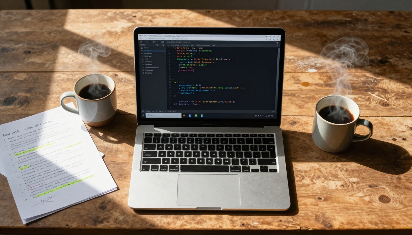 Developer workspace with code and research documents