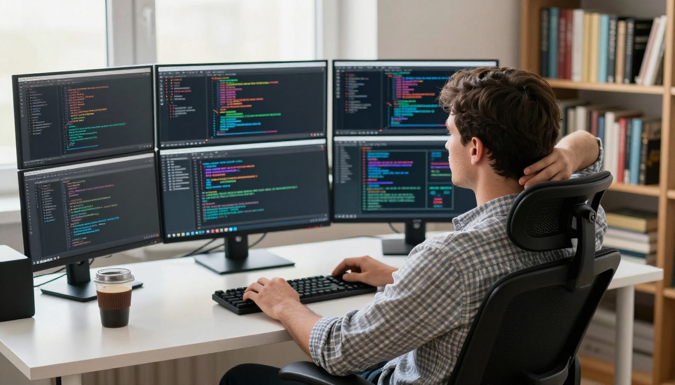 Software developer thinking at a multi-monitor workstation