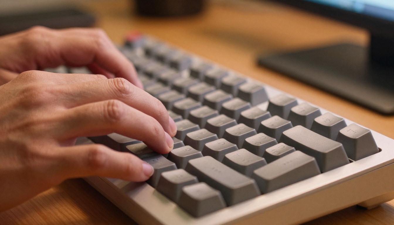 Hands typing on mechanical keyboard for AI prompt writing