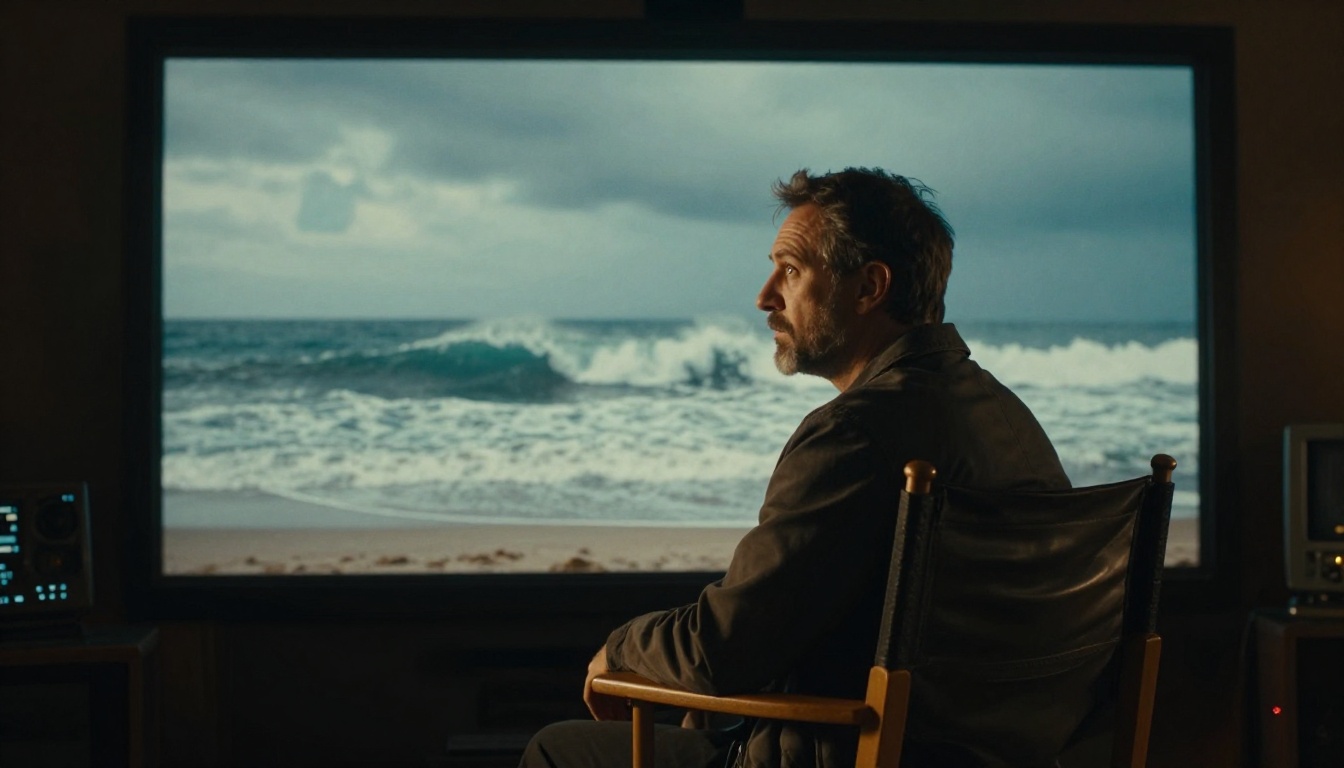 A professional film director reviewing cinematic footage on a large monitor in a darkened color grading suite