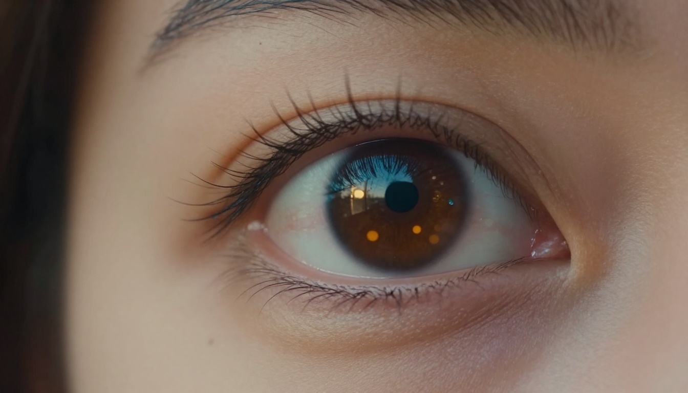 Extreme close-up of a human eye reflecting a cinematic scene, warm amber bokeh in the iris