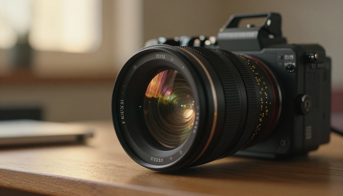 Close-up of a premium cinema camera lens resting on a wooden production desk, warm studio bokeh behind