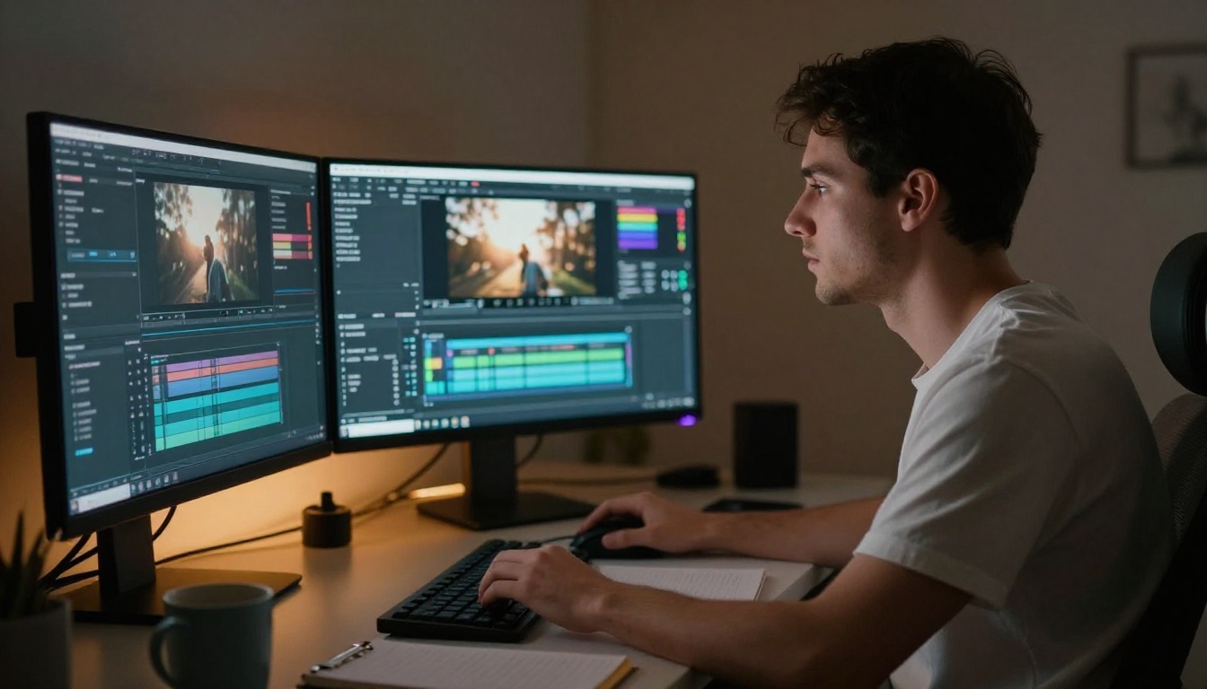 A content creator working late at night, dual ultrawide monitors showing cinematic video timelines, warm desk lamp