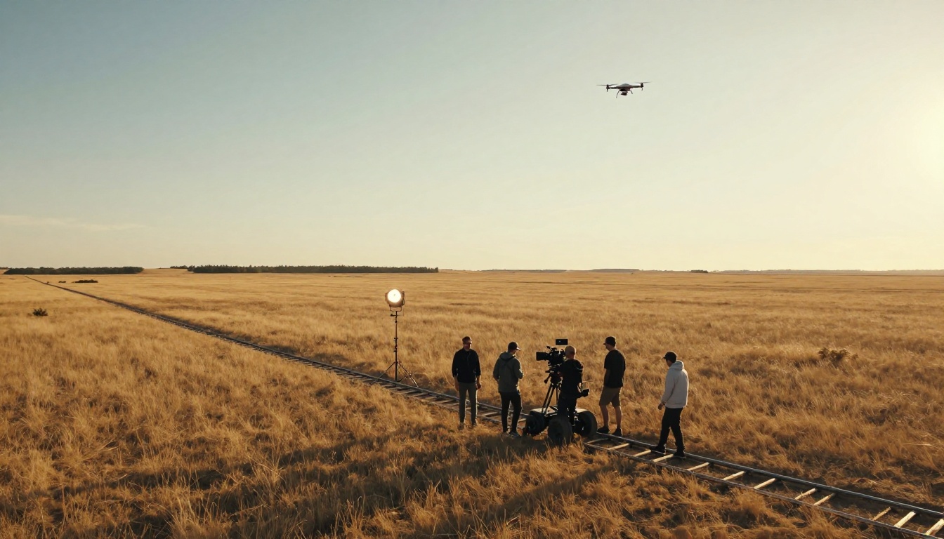 Aerial wide shot of a professional outdoor film set during golden hour, camera crew around a cinema dolly on amber prairie