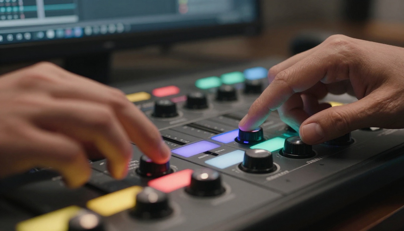 Close-up of hands on a professional color grading control surface, warm studio light from above