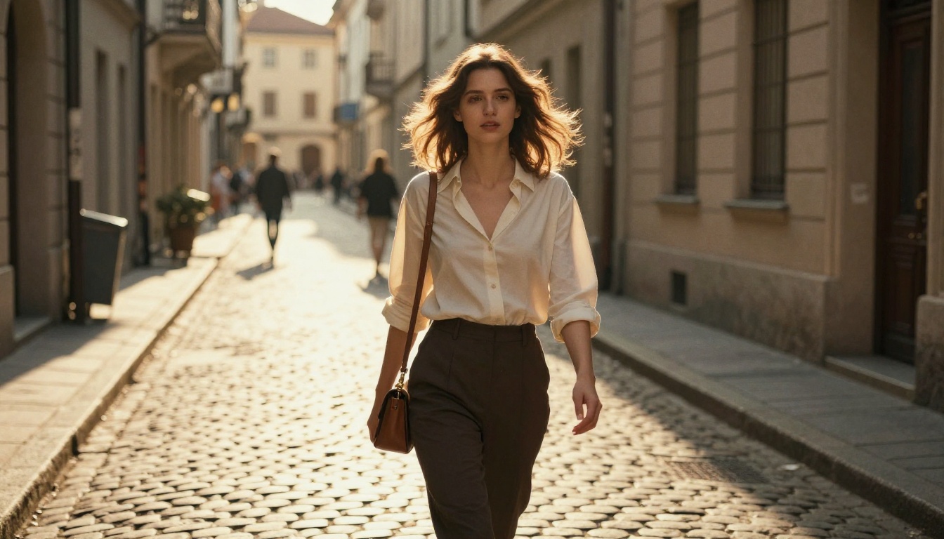 A young woman walking through a golden-hour cobblestone European street, rim light on hair, shallow depth of field