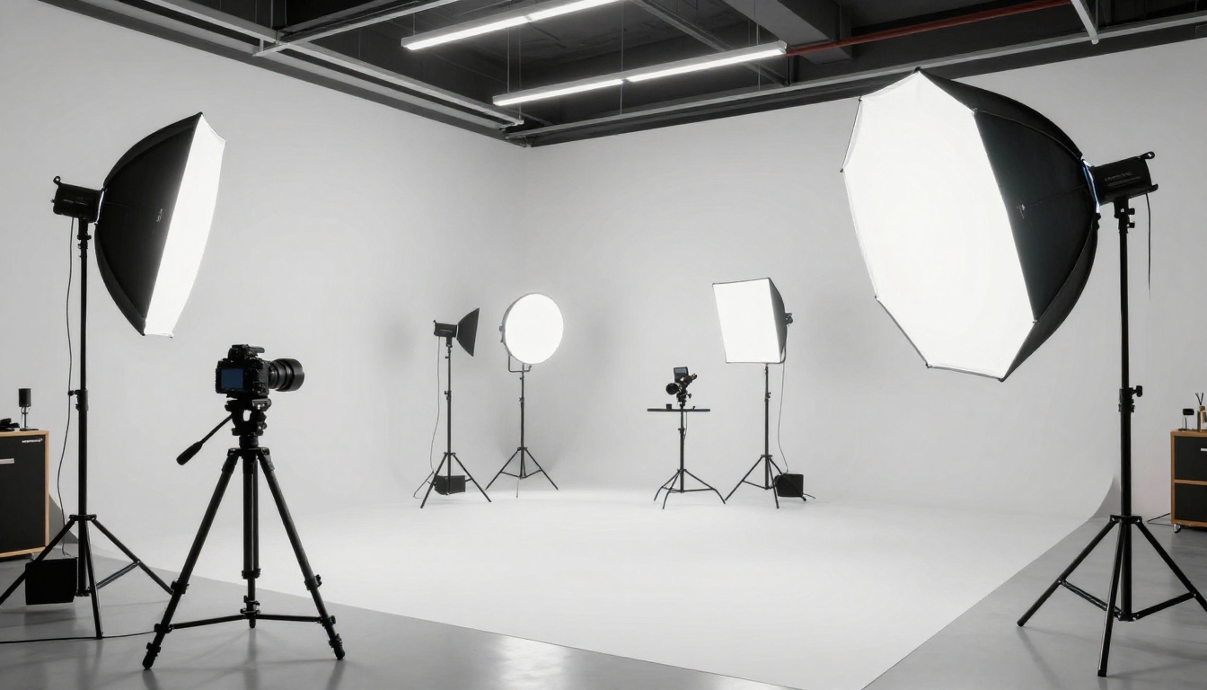 A professional photography and video studio interior with octabox softboxes illuminating a clean white cyclorama