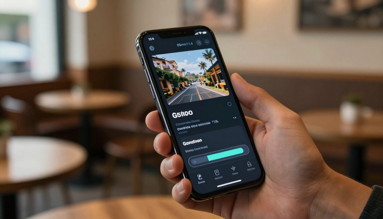 A smartphone displaying a sleek AI video generation interface, warm coffee shop bokeh in background, natural window light