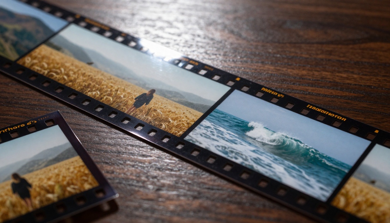Film strip showing AI-generated cinematic scenes