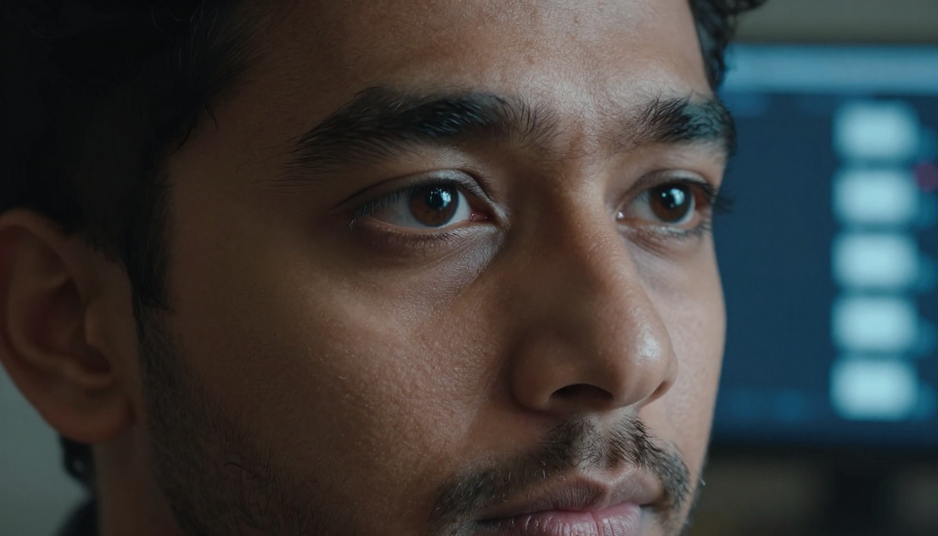 Researcher working at monitor with focused expression