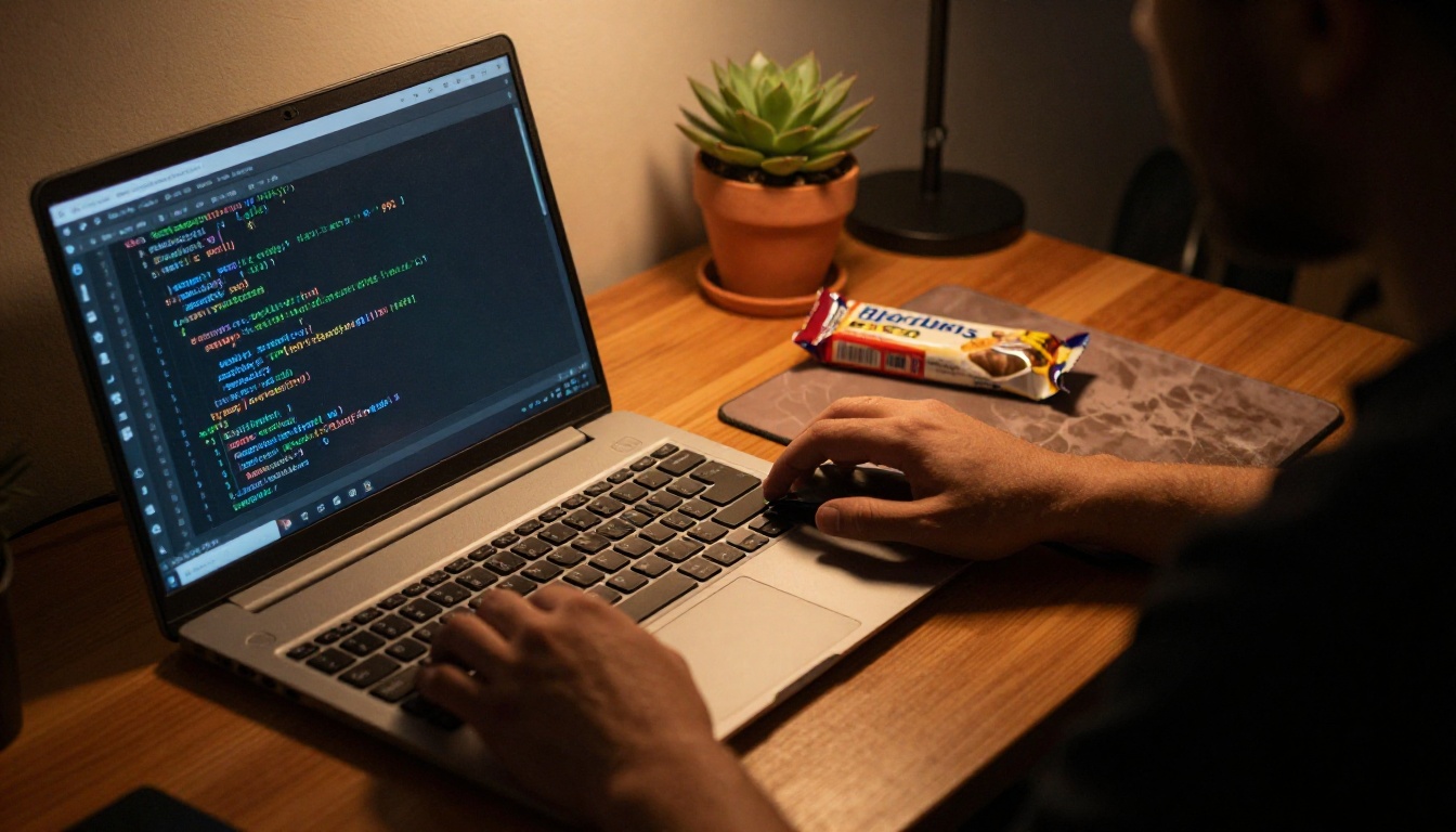 Developer coding open source AI on laptop at night