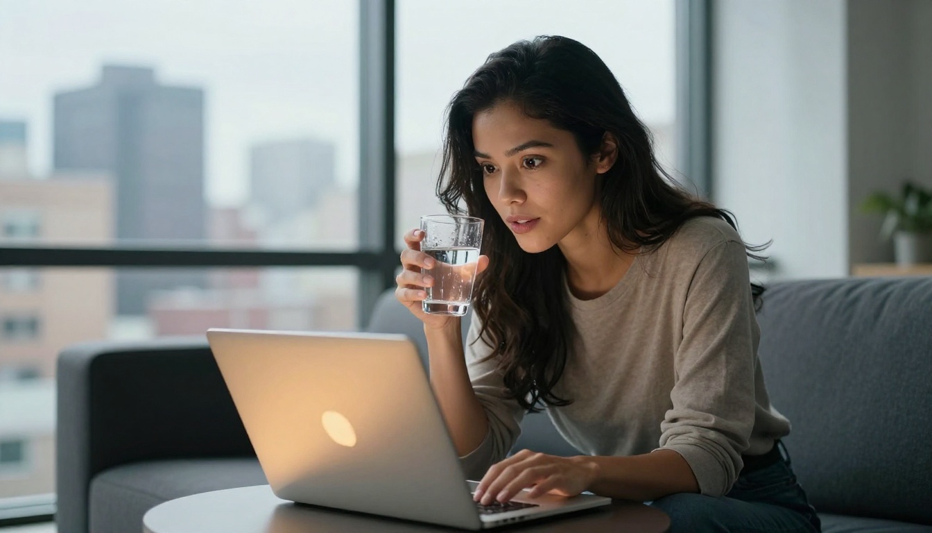 Young woman watching AI-generated video on laptop with curiosity